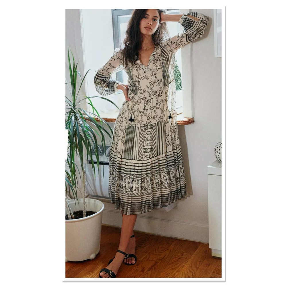 Anthropologie Cadence Tiered Midi Dress Cream and Black Pattern Sz XS Oversized